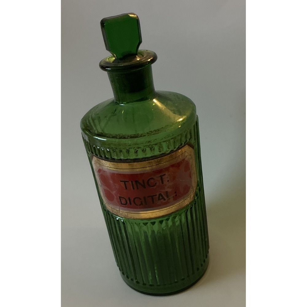 Antique Emerald Green Ribbed Apothecary Bottle 9" Tall